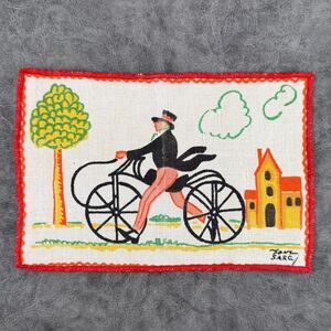 Tony Sarg Linen Cocktail Napkin Man on Bicycle Bike Barware Red Trim Fabric VTG